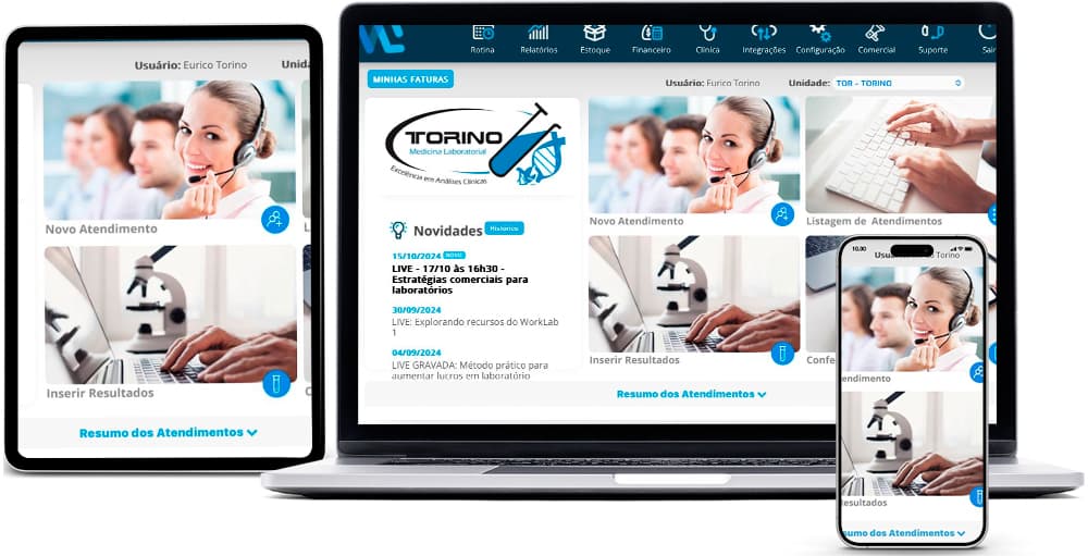 Portal de resultados do laboratório aberto no computador, no tablet e no celular