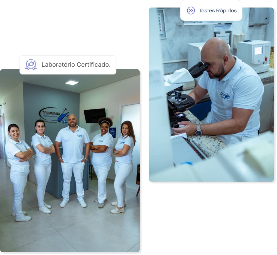 Equipe do Laboratório Torino de uniforme branco e Eurico Torino ao microscópio